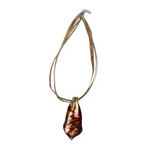 Vintage Handmade Art Glass Pendant Necklace Teardrop Red Gold